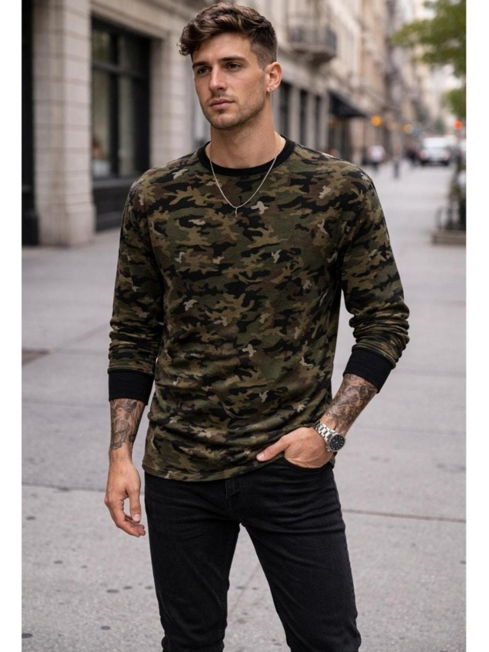 Polo by Ralph Lauren Men's Olive Camo Long Sleeve Crewneck